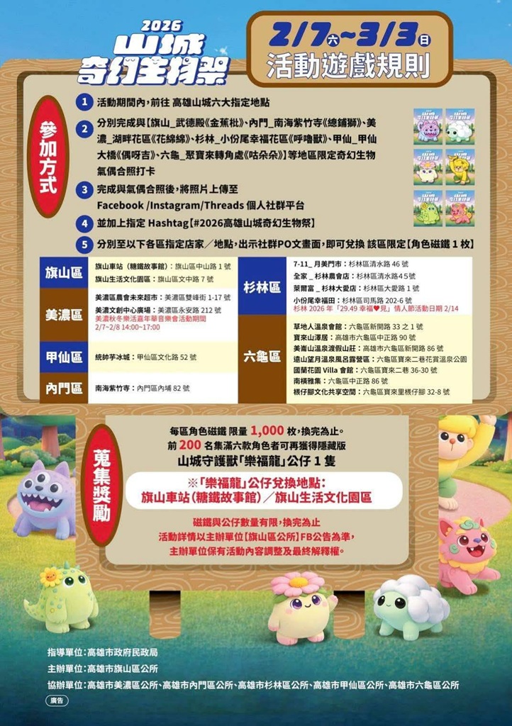東高雄一日遊。2026「高雄山城奇幻生物祭」熱鬧登場！寶來、甲仙、杉林、美濃、旗山、內門 六大山城守護獸現身，抓寶打卡拿樂福龍公仔！